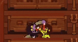 a video game character is fighting another character in a room .