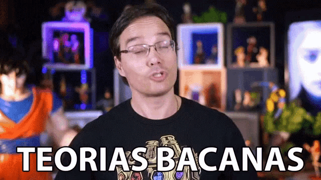 a man wearing glasses stands in front of a sign that says " teorias bacanas "