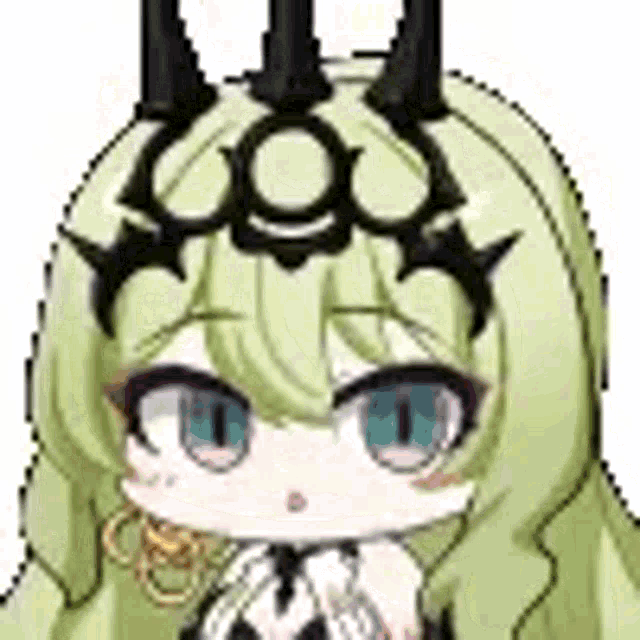 a close up of a cartoon character with horns on her head .