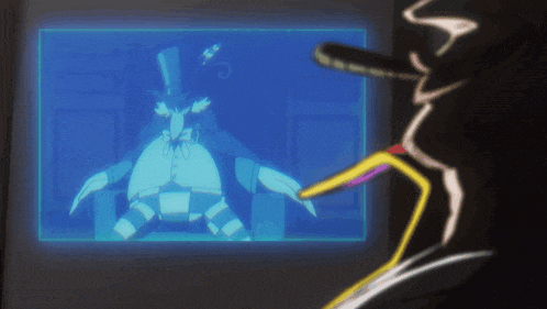 a cartoon of a man in a top hat looking at a screen
