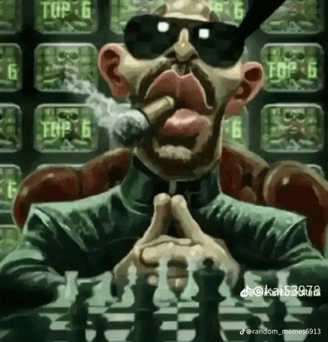 a cartoon man is smoking a cigar while playing chess .