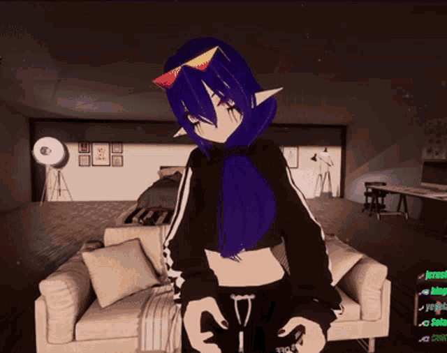 a purple haired anime character is standing in front of a couch