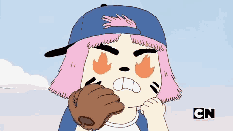 a cartoon of a girl holding a baseball glove with cn on the bottom