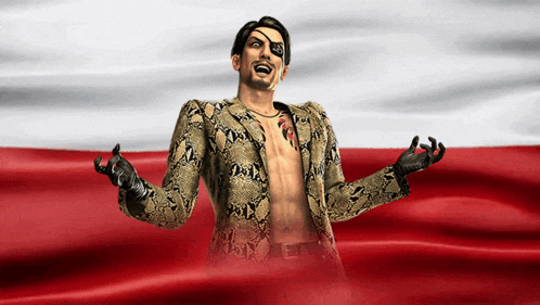 a shirtless man in a snakeskin jacket stands in front of a red white and blue flag