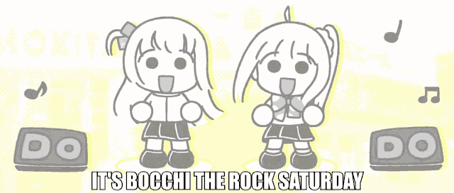 a cartoon of two girls dancing with the words " it 's bocchi the rock saturday "