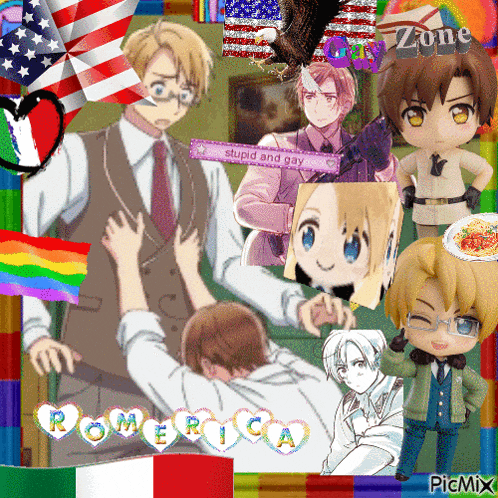 a collage of anime characters with the word romerica on the bottom