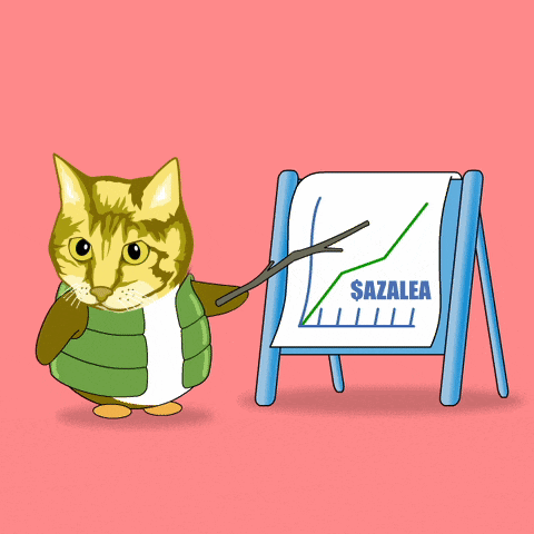 a cartoon cat is pointing at a board that says sazalaea