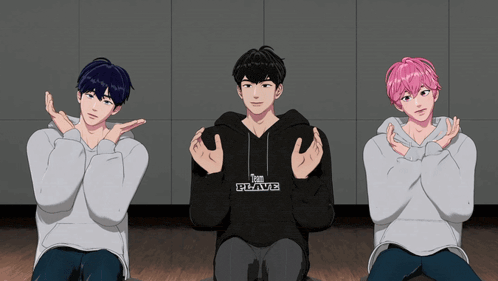 a drawing of three boys with one wearing a black hoodie that says team pleave