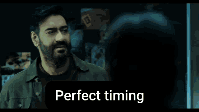 a man holding a piece of paper with the words perfect timing written below him