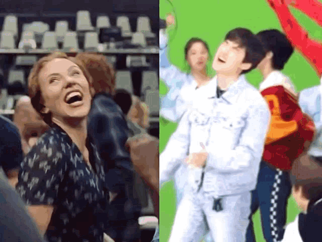 a woman is laughing next to a group of people dancing