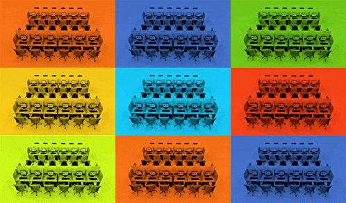a colorful collage of tables and chairs with the letters o on them