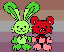 a green bunny and a red teddy bear holding hands