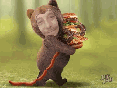 a bear holding a hamburger and donuts with jub jab written in the corner