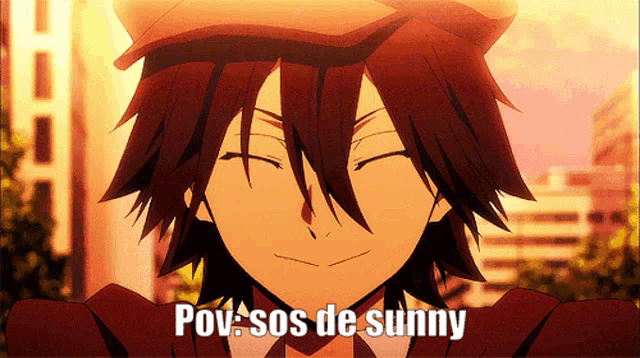 a close up of a person with the words pov sos de sunny above them