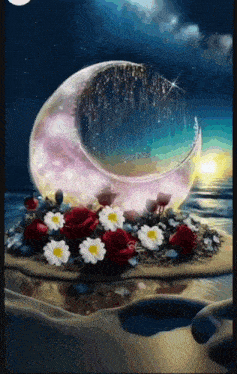 a painting of a crescent moon surrounded by flowers and roses