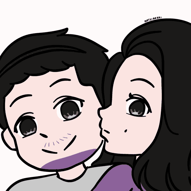 a cartoon of a woman kissing a man 's cheek with the name natsui on the bottom