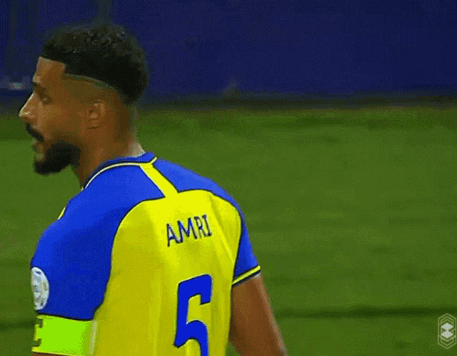 a man in a yellow and blue jersey with the number 5 on it