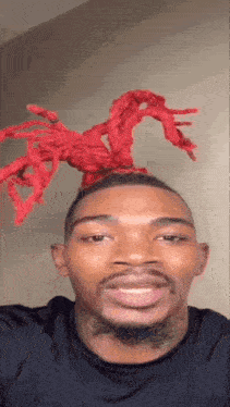a man wearing a black shirt and a red wig on his head .