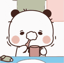 a cartoon panda is brushing his teeth with a toothbrush and holding a cup .