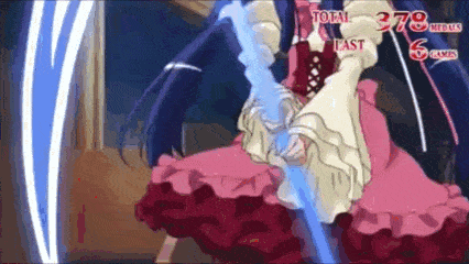 a girl in a pink dress is holding a sword in her hand .