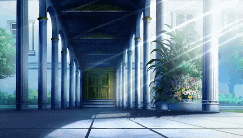 a hallway with columns and a potted plant in the middle