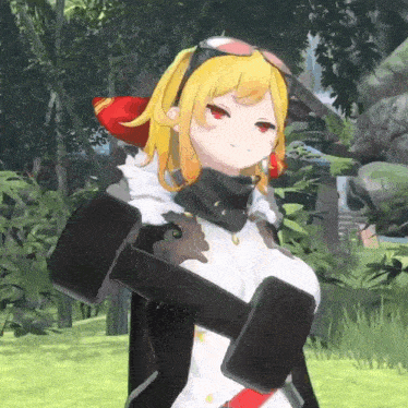 a girl with yellow hair and red eyes is holding a large hammer