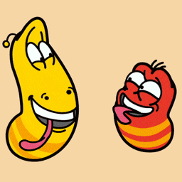 a cartoon of two worms with one sticking its tongue out at the other
