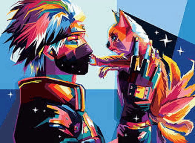 a man and a cat are looking at each other in a colorful pop art painting .