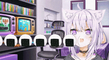 a girl with a cat ear is sitting in a room with a bunch of tvs