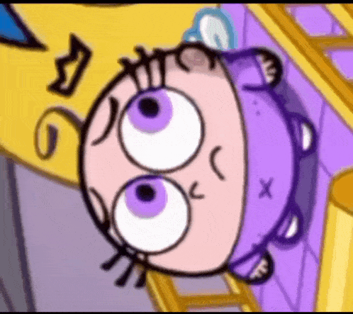 a cartoon character with purple eyes is laying on a purple surface .