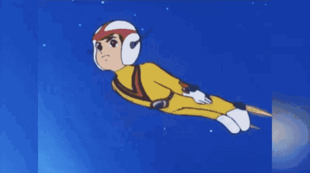 a cartoon character is flying through the air wearing a helmet and a yellow costume .