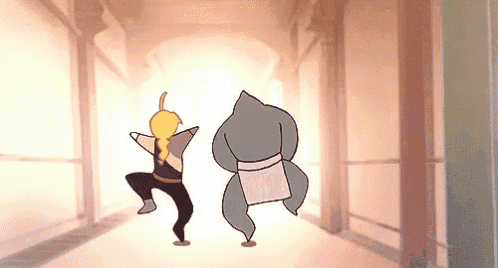 a cartoon of a man and a shark dancing in a hallway .