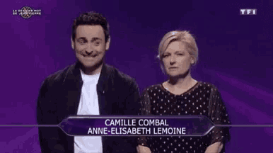 a man and a woman are standing next to each other on a purple background and the woman is named camille combal