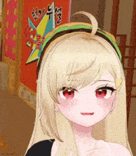 a girl with blonde hair is wearing a headband with a hamburger on it in front of a sign with chinese writing