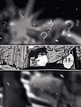 a black and white drawing of a man with a question mark above his head