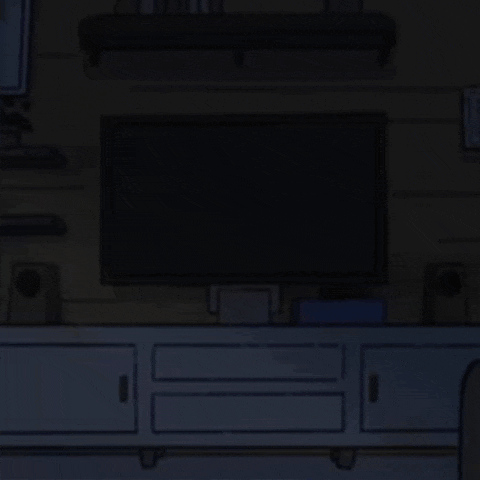 a cartoon drawing of a living room with a television , speakers , and a shelf .