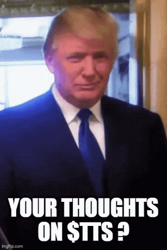 a picture of donald trump in a suit and tie with the caption " your thoughts on $tts "