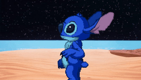 a pixel art drawing of stitch standing on a sandy beach