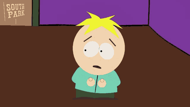 a cartoon character from south park is standing in front of a sign that says south park