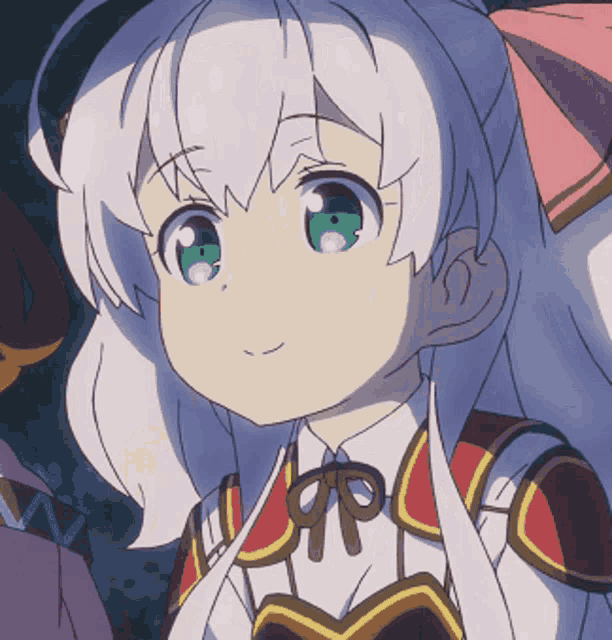 a girl with white hair and green eyes is wearing a red white and gold outfit