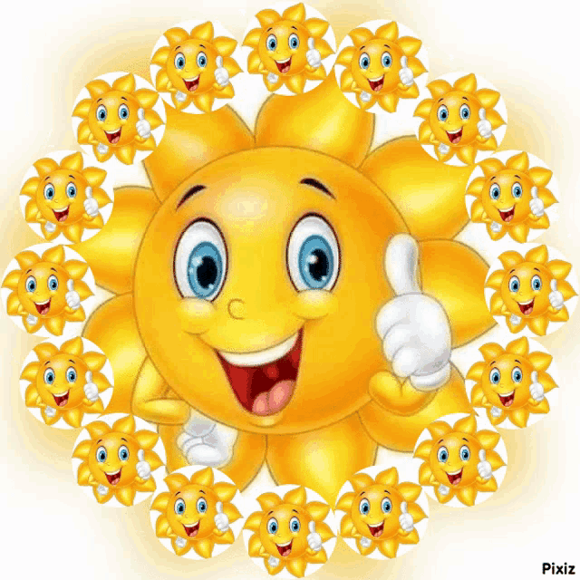 a smiling sun is surrounded by other smiling suns
