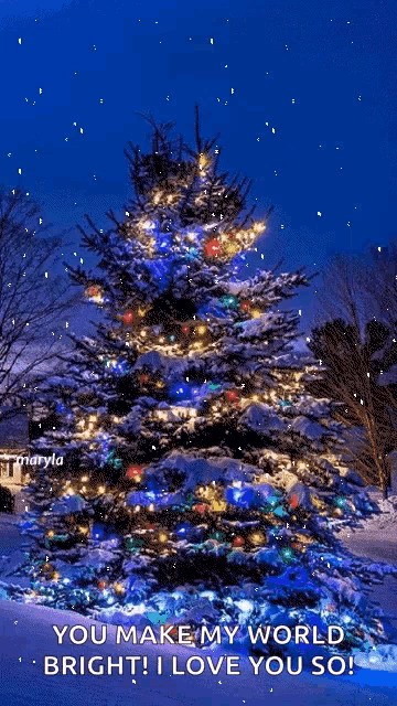 a christmas tree is lit up in the snow with a message that says you make my world bright ! i love you so !