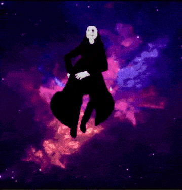 a silhouette of a man in a black coat is dancing in a purple space