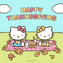 two hello kitty characters are sitting on a picnic blanket with the words happy thanksgiving in the background