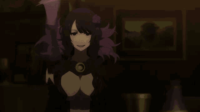 a woman with purple hair is holding a pink object in her hand