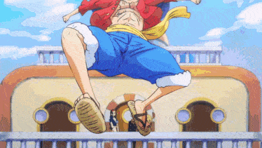a cartoon character is jumping in the air while wearing sandals