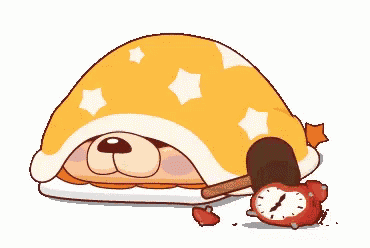 a cartoon bear is laying under a blanket with a hammer and alarm clock .
