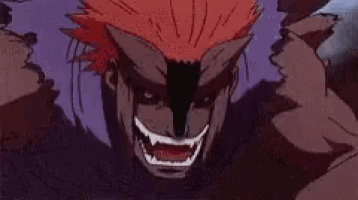 a cartoon character with red hair and a purple shirt is fighting a monster .