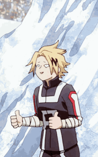 a cartoon character giving a thumbs up in front of a snowy background