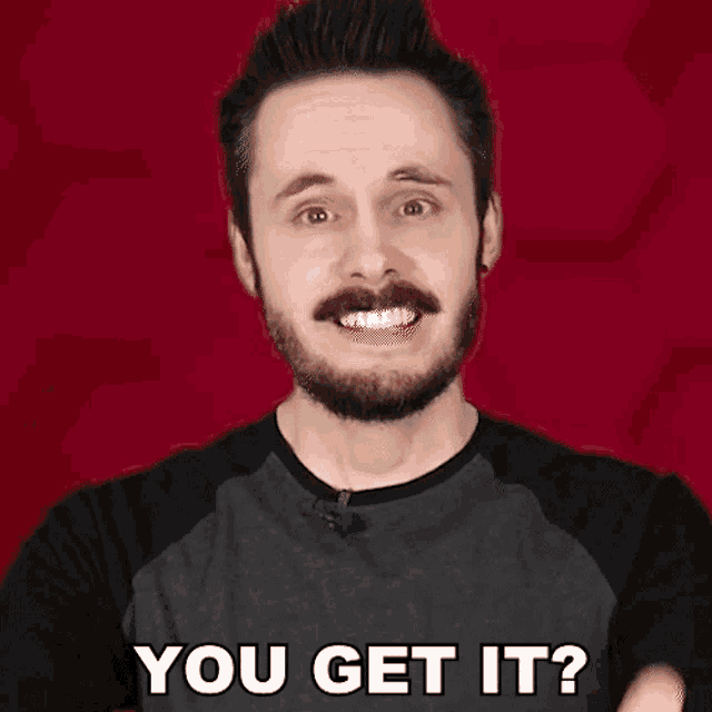 a man with a beard is wearing a shirt that says " you get it "